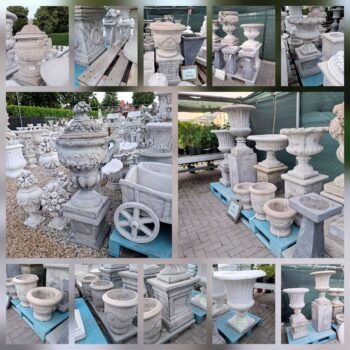 Diverse grijs/blauwe tuinvazen en sokkels 20% KORTING