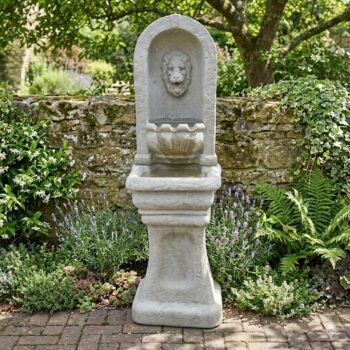 Hoge fontein met leeuwennis